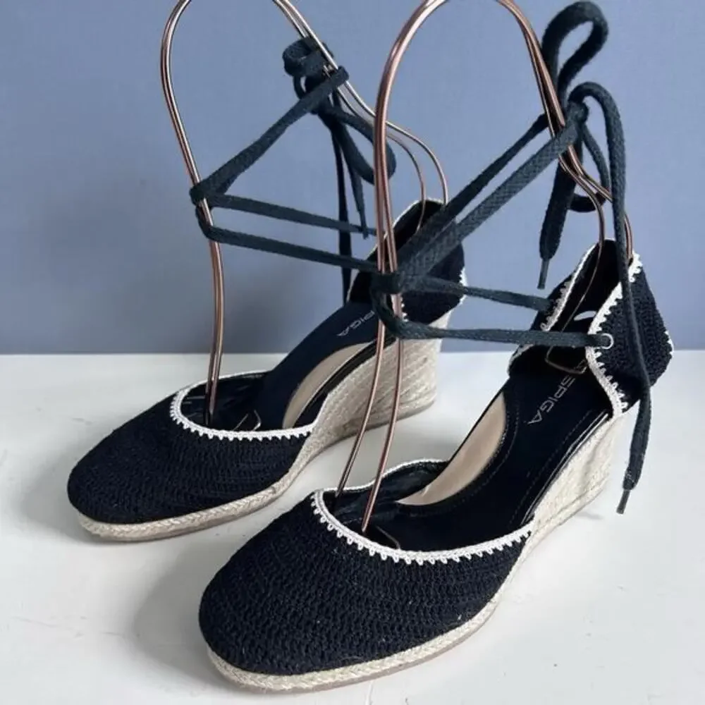 Via Spiga Wedge Sandals Sz 7 Ankle wrap Espadrilles Lenox Crochet Bohemian Siren